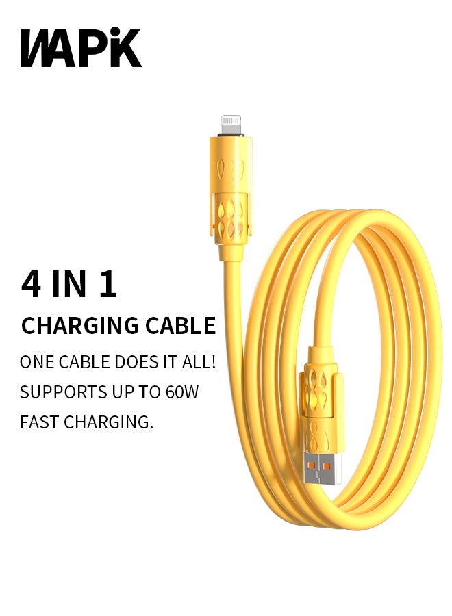 وابيك كابل شحن سريع 4 في 1 من علامة كورية، قوة 60 واط، USB-A و Type-C إلى Type-C / Lightning، سيليكون سائل، نقل بيانات 480Mbps، أصفر - Image 1